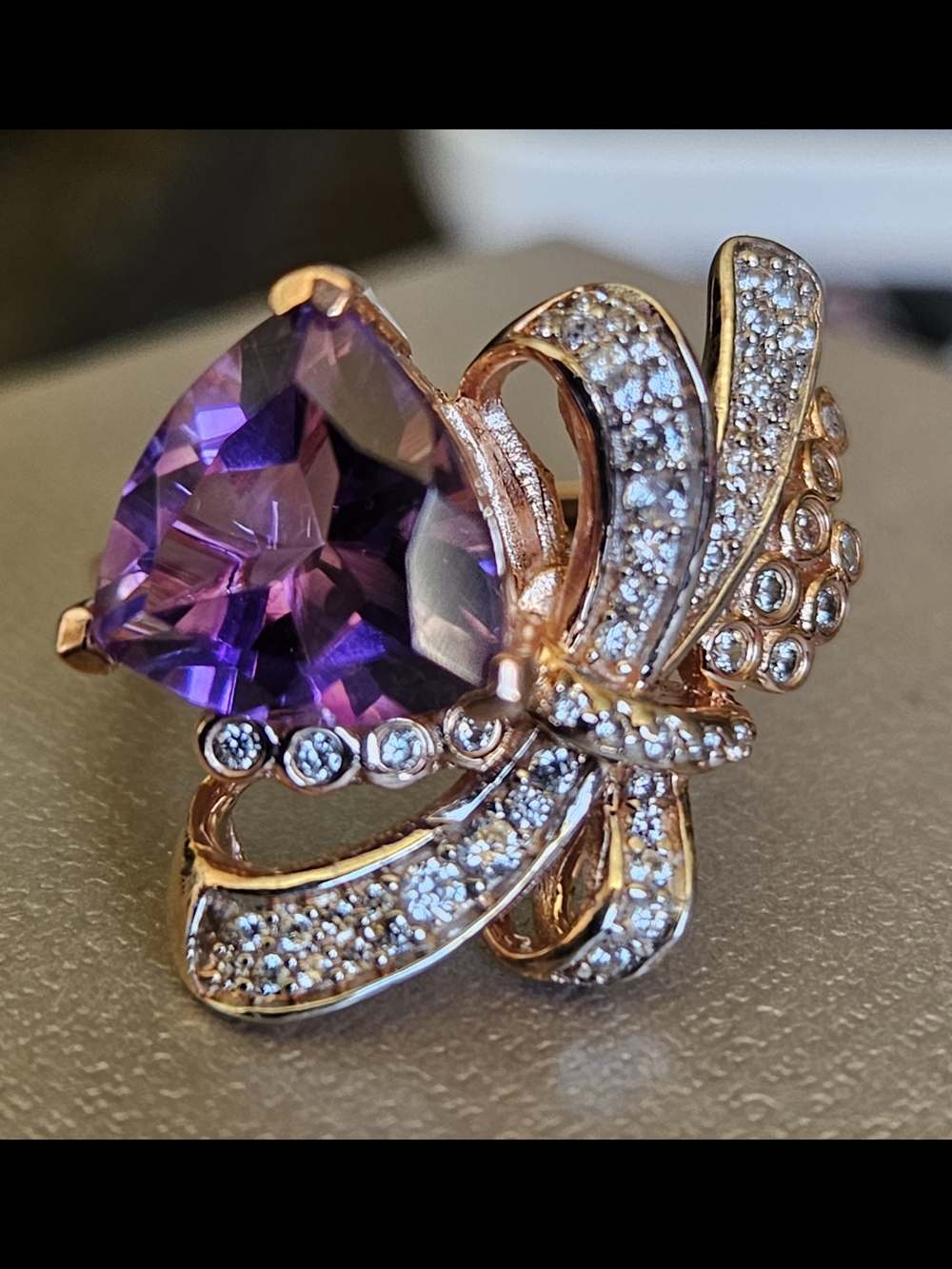 Moroccan Rose and White Zircon 3.50 ctw Love Bow Ring in 18K Vermeil Rose Gold